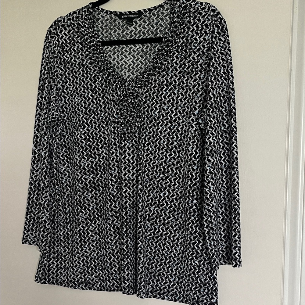 41 Hawthorn Black and White Zigzag Blouse with turquoise highlights